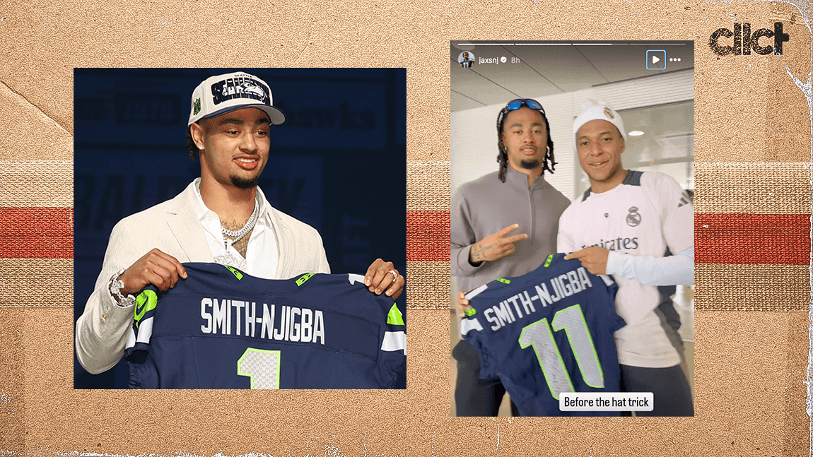 Cover Image for Jaxon Smith-Njigba gifts Seahawks jersey to Kylian Mbappé 