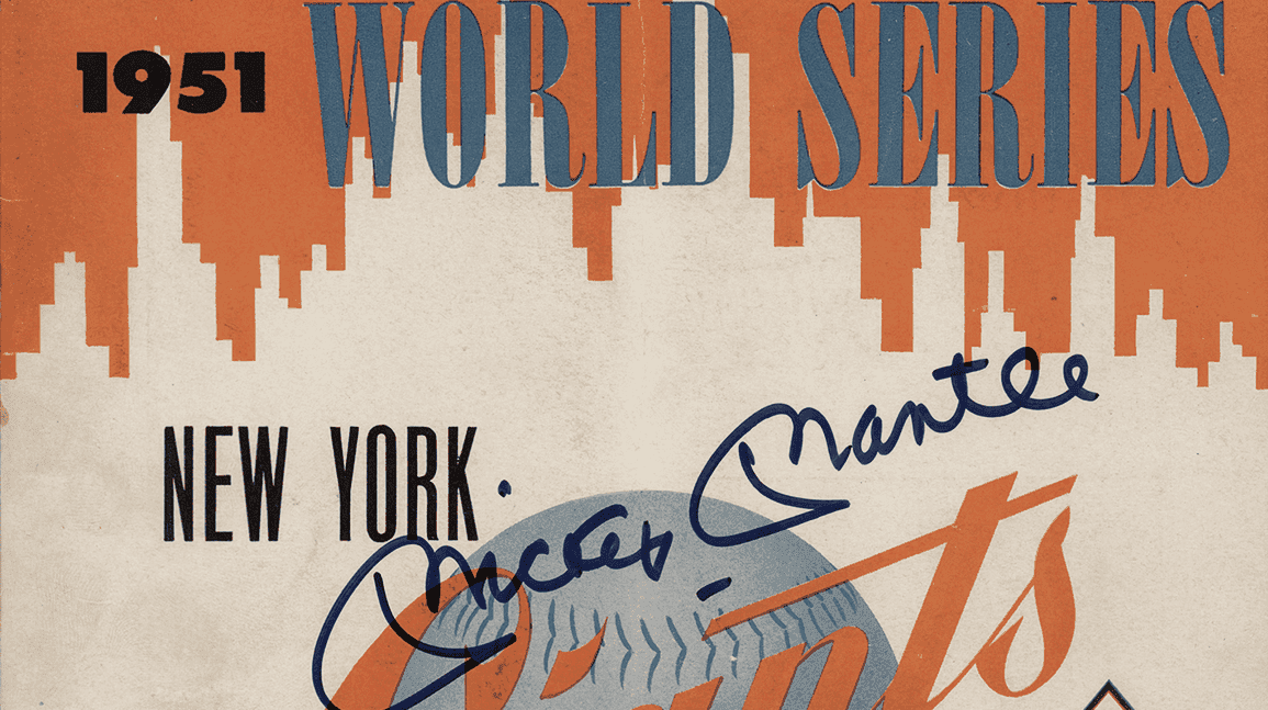 Cover Image for World Series program, signed by Mantle, Mays and DiMaggio, sells for $3,600