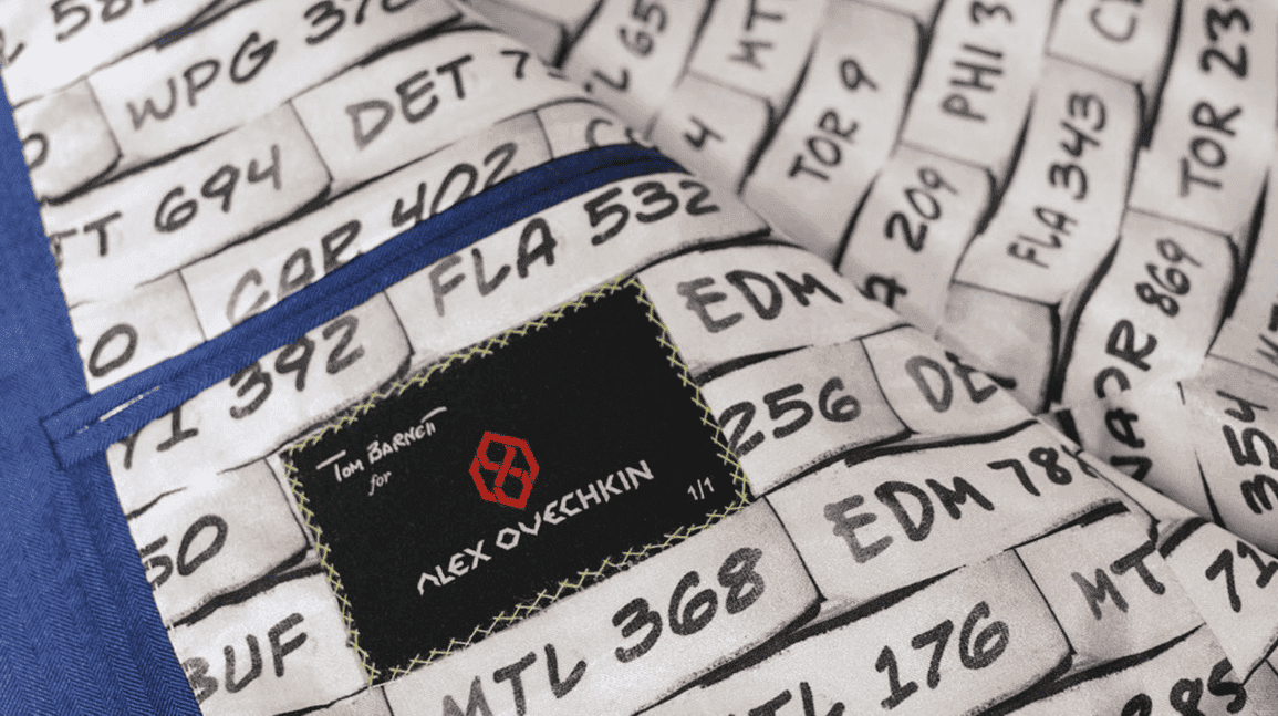 Ovechkin wears custom suit jacket lined with photos of all 895 goal pucks